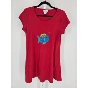 Go Softly Patio Dress Womens Sz S Knee Length Short Sleeve Red Embroidered Fish